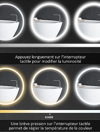 Miroir rond lumineux LED de salle de bain Ø 80 cm blanc argent