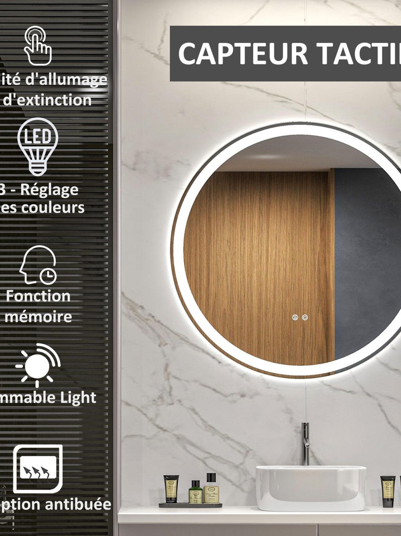 Miroir rond lumineux LED de salle de bain Ø 80 cm blanc argent Gris - Kiabi
