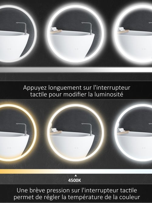 Miroir rond lumineux LED de salle de bain Ø 80 cm blanc argent - Kiabi