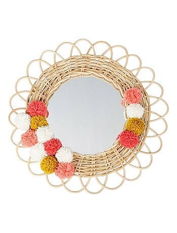 Miroir rond rotin pompons naturel D37