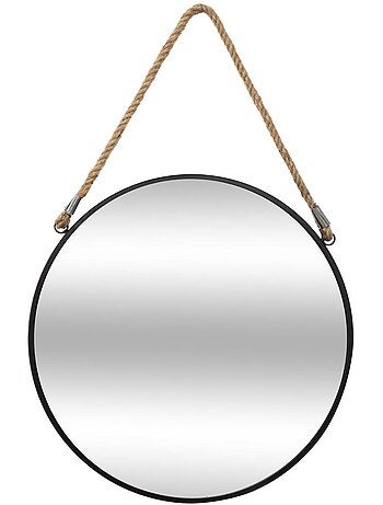 Miroir rond suspendu cadre métal noir anse jute 55cm EDEN