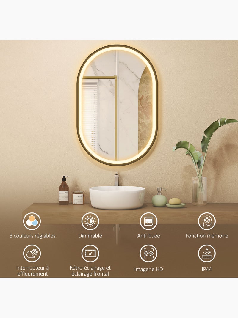 Miroir salle de bain led design arche 50 x 70 cm anti-buée réglable alu noir Noir - Kiabi