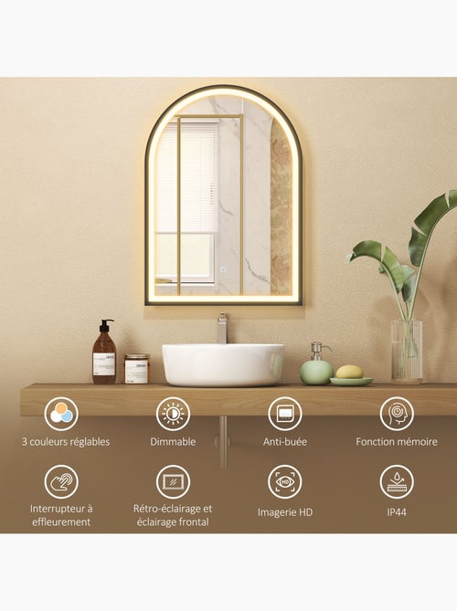 Miroir salle de bain led design arche 50 x 70 cm anti-buée réglable alu noir - Kiabi