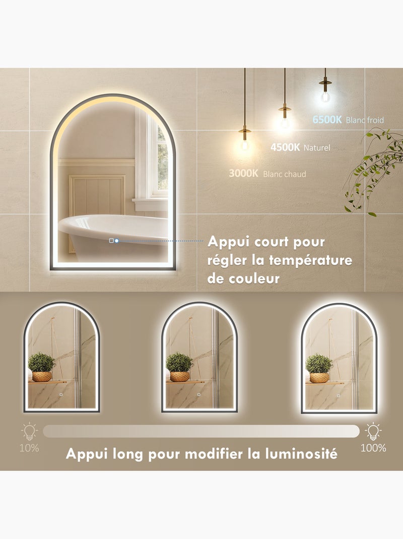 Miroir salle de bain led design arche 50 x 70 cm anti-buée réglable alu noir Noir - Kiabi