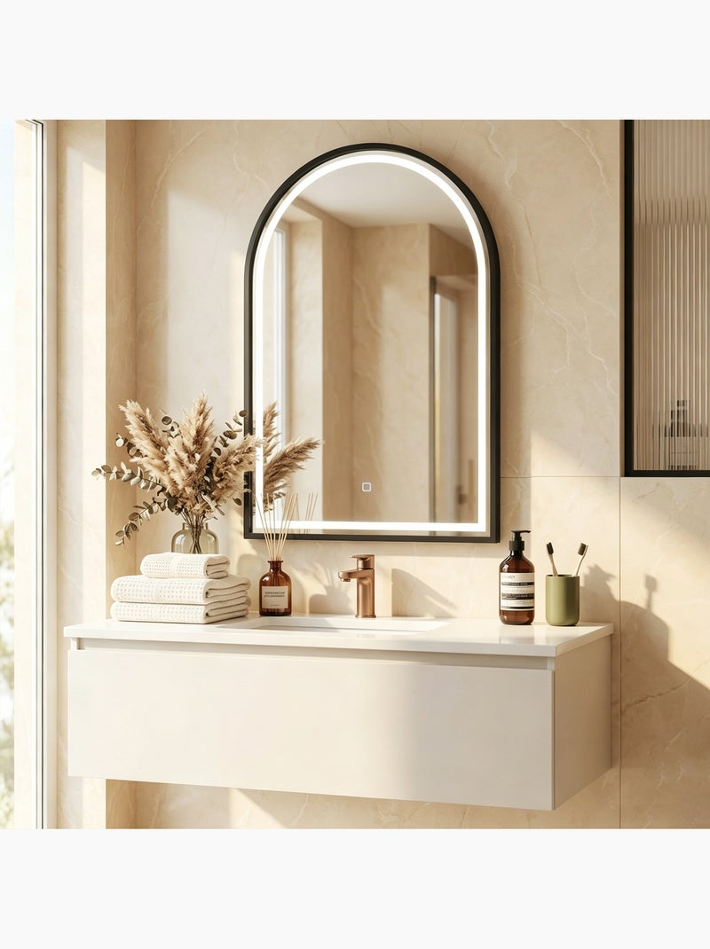 Miroir salle de bain led design arche 60 x 90 cm anti-buée réglable alu noir Noir - Kiabi