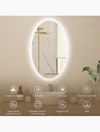 Miroir salle de bain led design ovale 50 x 80 cm anti-buée réglable