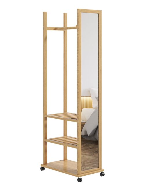 Miroir sur pied avec roulettes - portant, 3 étagères - bois de jabon verni - Kiabi