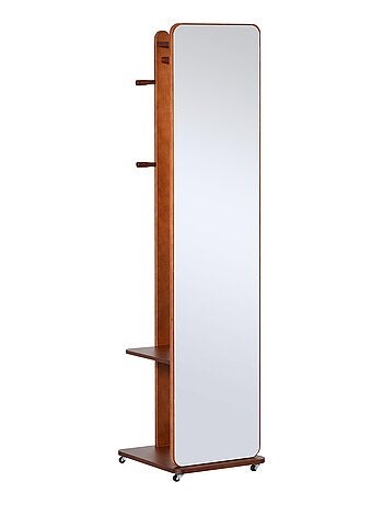 Miroir sur pied avec roulettes - portant, 4 patères étagère - aspect bois