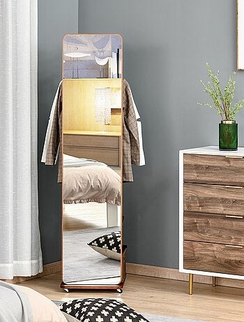 Miroir sur pied avec roulettes - portant, 4 patères étagère - aspect bois