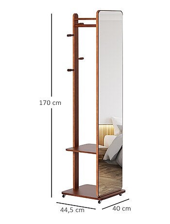 Miroir sur pied avec roulettes - portant, 4 patères étagère - aspect bois