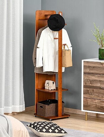 Miroir sur pied avec roulettes - portant, 4 patères étagère - aspect bois