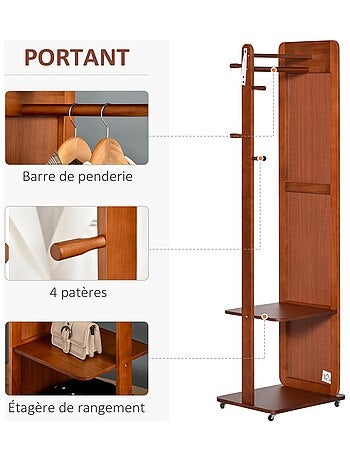 Miroir sur pied avec roulettes - portant, 4 patères étagère - aspect bois