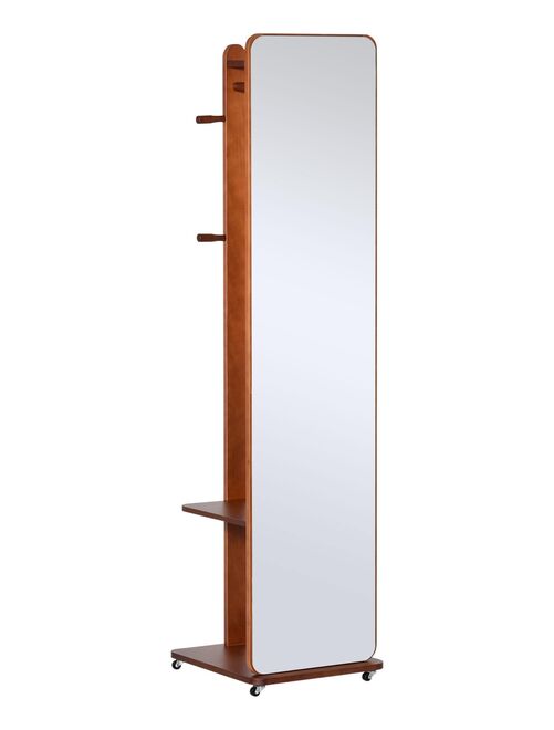 Miroir sur pied avec roulettes - portant, 4 patères étagère - aspect bois - Kiabi