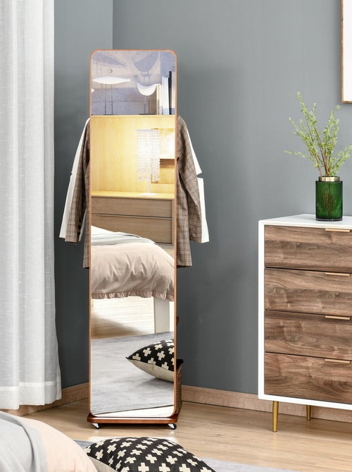 Miroir sur pied avec roulettes - portant, 4 patères étagère - aspect bois - Kiabi