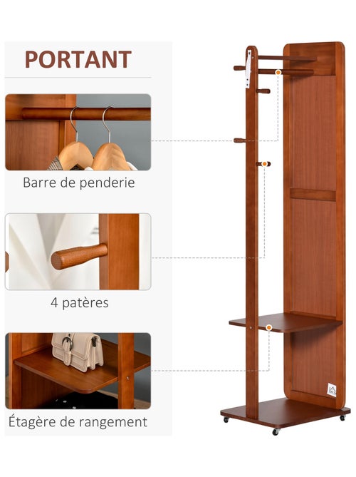 Miroir sur pied avec roulettes - portant, 4 patères étagère - aspect bois - Kiabi