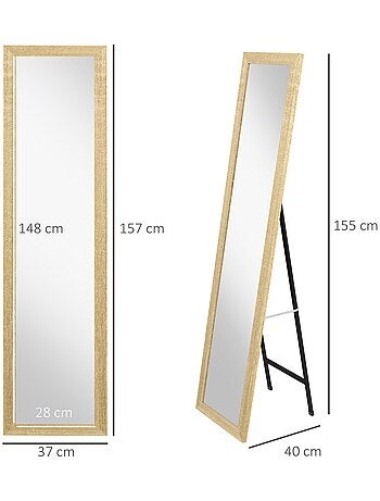 Miroir sur pied et mural rectangulaire piètement métal noir aspect chêne clair