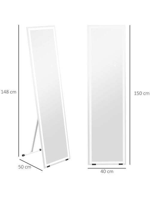 Miroir sur pied ou mural rectangulaire grande taille LED verre métal blanc - Kiabi