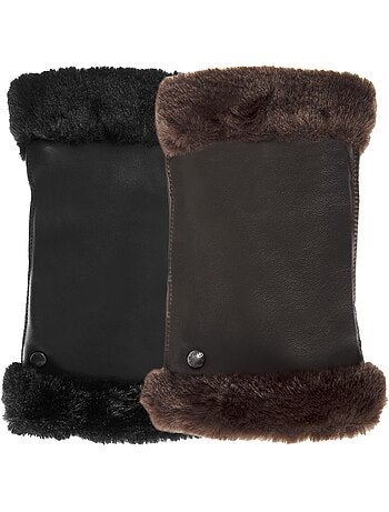 Mitaines cuir d'agneau pleine fleur - doublées imitation fourrure femme isotoner