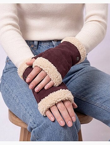 Mitaines en cuir de chèvre velours, doublés imitation fourrure femme