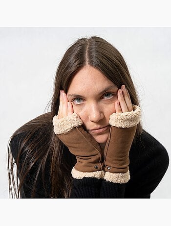Mitaines en cuir de chèvre velours, doublés imitation fourrure femme