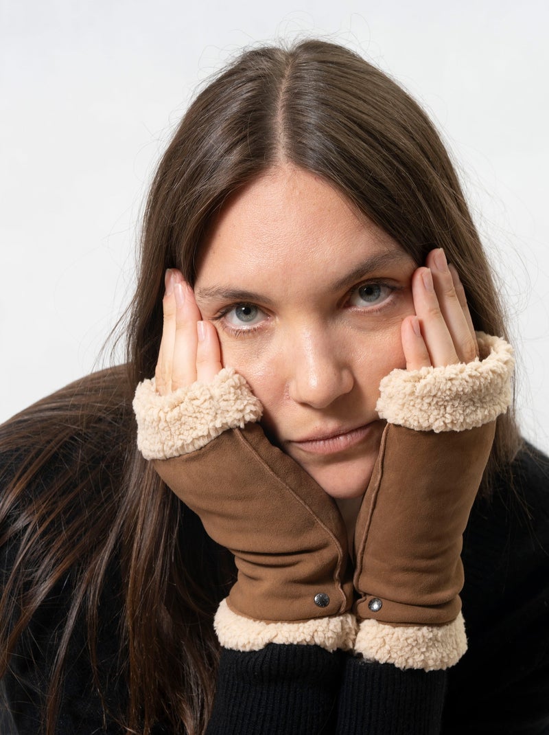 Mitaines en cuir de chèvre velours, doublés imitation fourrure femme Isotoner Cognac - Kiabi