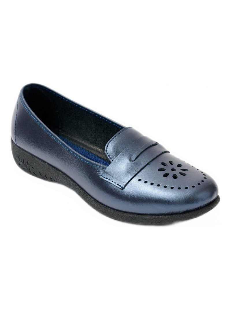 Mocassins cuir grande largeur Bleu marine - Kiabi