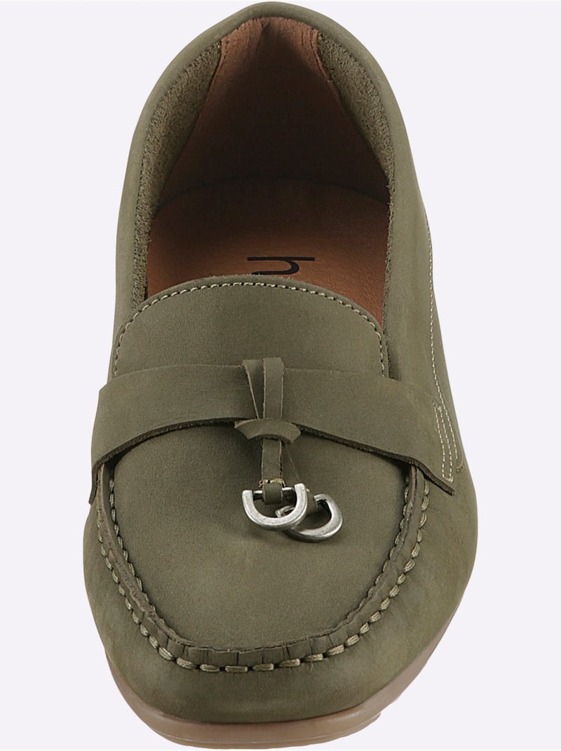 Mocassins Cuir Vachette - Taille Standard - Helline Kaki - Kiabi