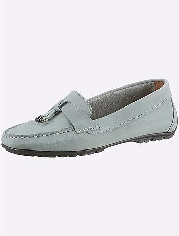 Mocassins en cuir nubuck avec couture main et semelle cuir - Taille standard - Helline