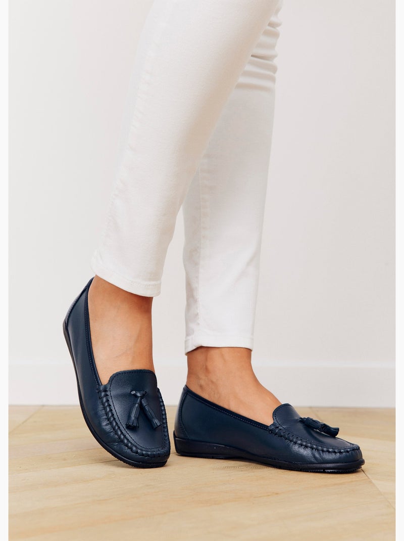 Mocassins pompons largeur confort cuir - Afibel Bleu - Kiabi