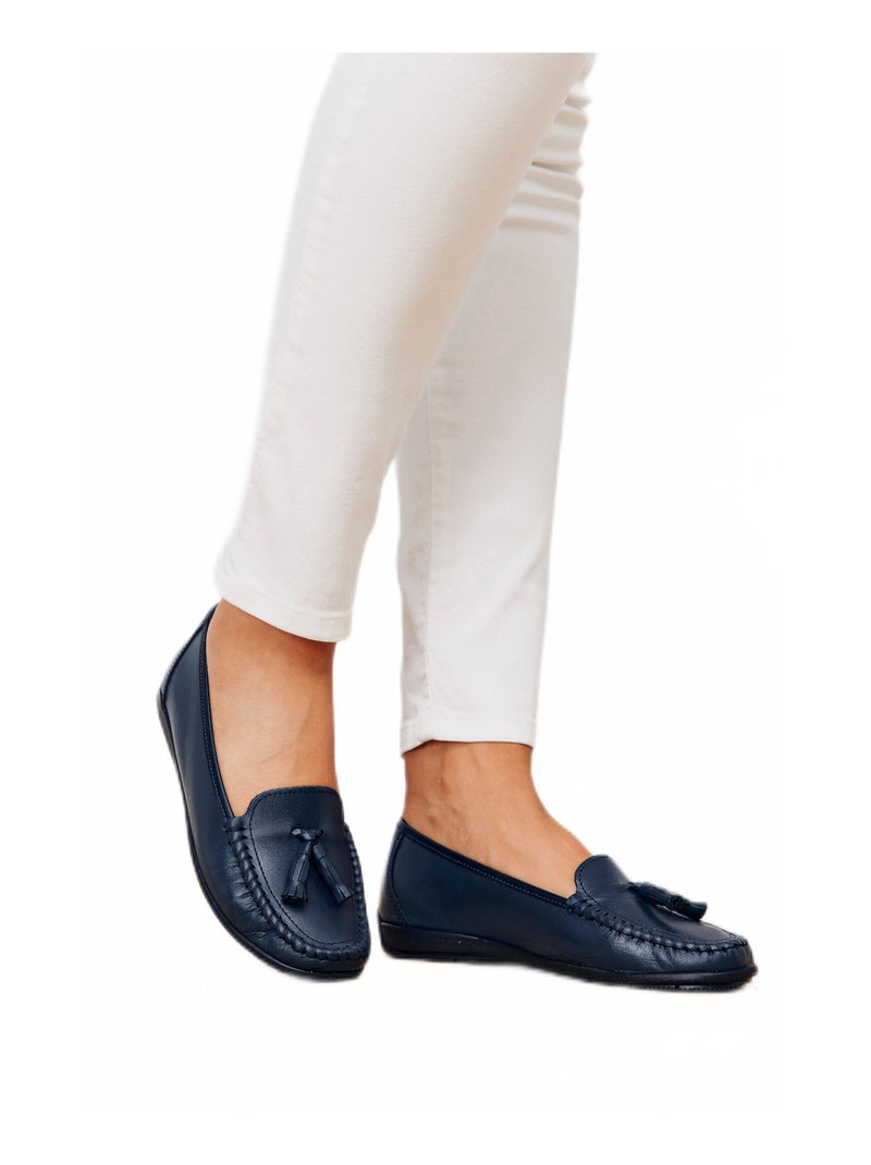 Mocassins pompons largeur confort cuir Bleu marine - Kiabi