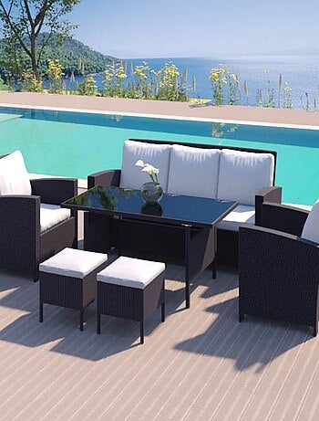 Modena noir & blanc - Salon de jardin 6 pièces - Résine tressée