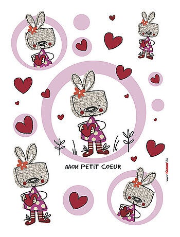 Mon Petit Coeur, Sticker mural lapin avec robe violette à pois - 50x70 cm