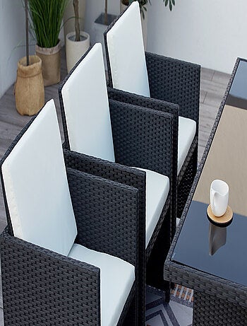 MONACO 10 - Salon de jardin encastrable 10 places fauteuils et poufs en résine tressée noir et blanc