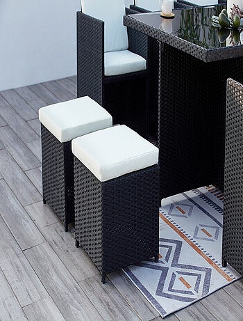 MONACO 10 - Salon de jardin encastrable 10 places fauteuils et poufs en résine tressée noir et blanc