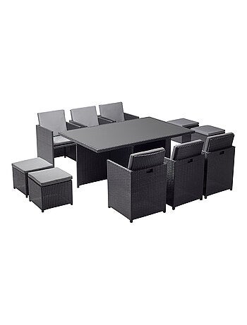 MONACO 10 - Salon de jardin encastrable 10 places fauteuils et poufs en résine tressée noir et blanc