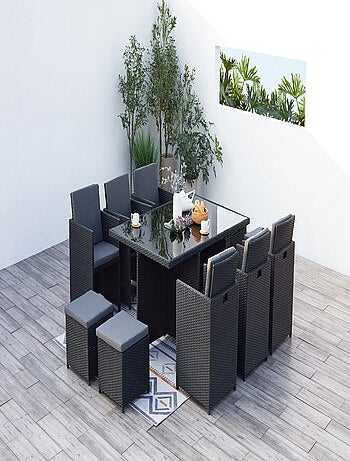 MONACO 10 - Salon de jardin encastrable 10 places fauteuils et poufs en résine tressée noir et blanc