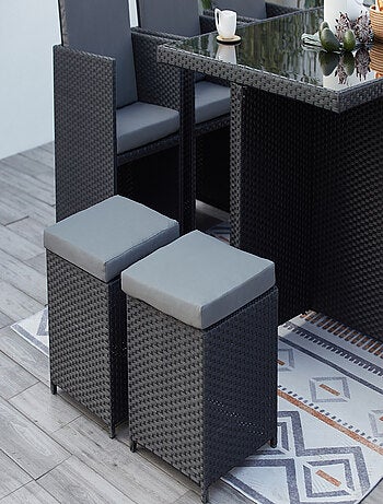 MONACO 10 - Salon de jardin encastrable 10 places fauteuils et poufs en résine tressée noir et blanc