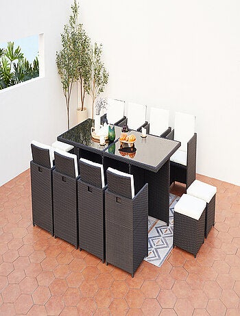 MONACO 12 - Salon de jardin encastrable 12 places fauteuils et poufs en résine tressée noir et gris