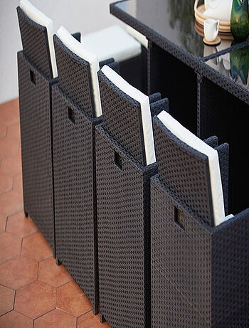 MONACO 12 - Salon de jardin encastrable 12 places fauteuils et poufs en résine tressée noir et gris