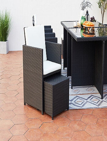 MONACO 12 - Salon de jardin encastrable 12 places fauteuils et poufs en résine tressée noir et gris