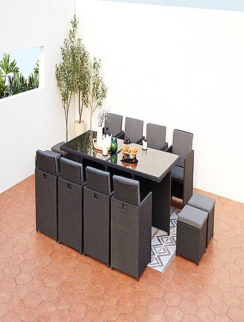 MONACO 12 - Salon de jardin encastrable 12 places fauteuils et poufs en résine tressée noir et gris