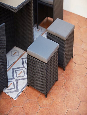 MONACO 12 - Salon de jardin encastrable 12 places fauteuils et poufs en résine tressée noir et gris