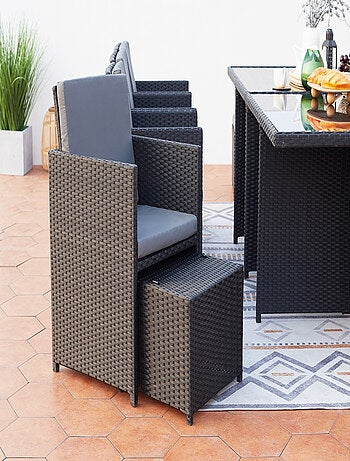 MONACO 12 - Salon de jardin encastrable 12 places fauteuils et poufs en résine tressée noir et gris