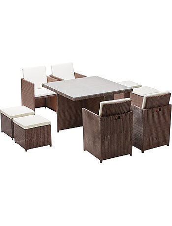 MONACO 8 - Salon de jardin encastrable 8 places fauteuils et poufs en résine tressée marron et blanc