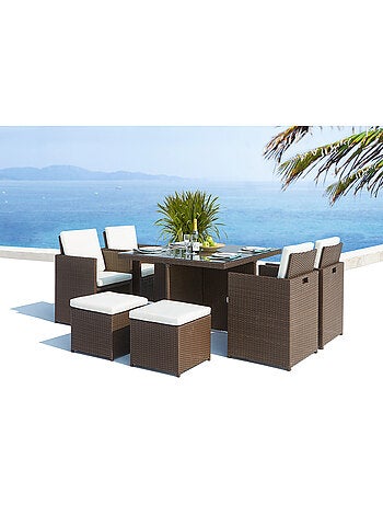 MONACO 8 - Salon de jardin encastrable 8 places fauteuils et poufs en résine tressée marron et blanc