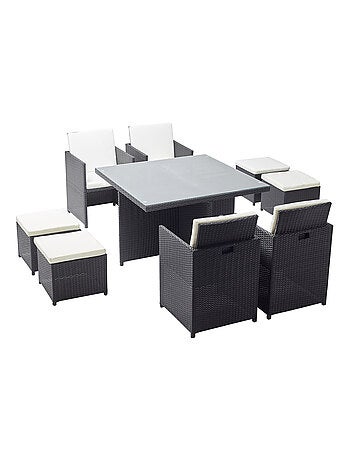 MONACO 8 - Salon de jardin encastrable 8 places fauteuils et poufs en résine tressée marron et blanc