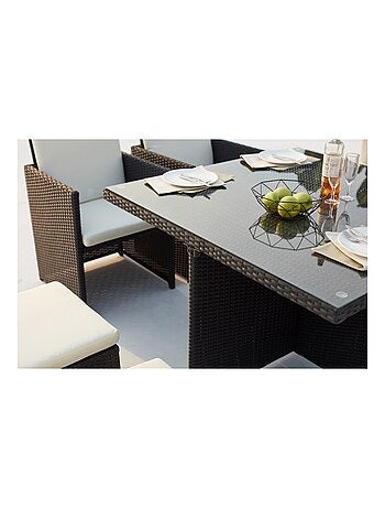 MONACO 8 - Salon de jardin encastrable 8 places fauteuils et poufs en résine tressée marron et blanc