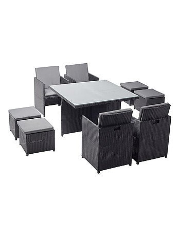 MONACO 8 - Salon de jardin encastrable 8 places fauteuils et poufs en résine tressée marron et blanc