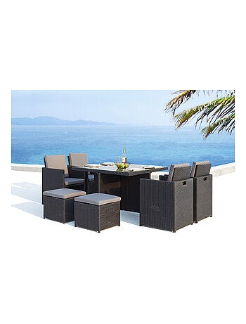 MONACO 8 - Salon de jardin encastrable 8 places fauteuils et poufs en résine tressée marron et blanc