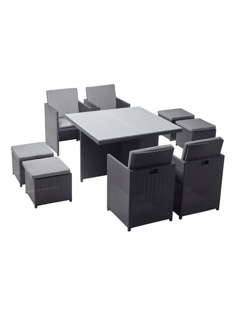 MONACO 8 - Salon de jardin encastrable 8 places fauteuils et poufs en résine tressée noir et gris Noir - Kiabi